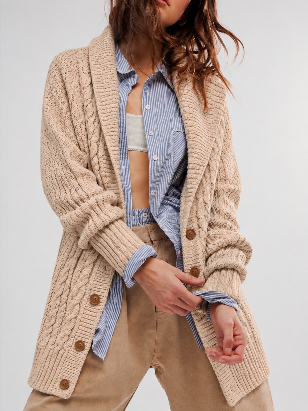 252. Cable Knit Shawl Collar Cardigan Sweater - Beige